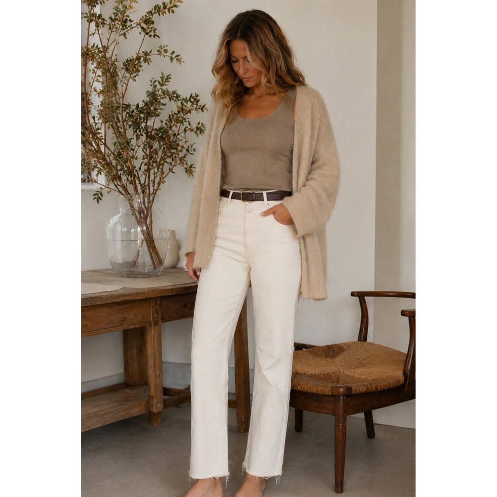 Thrills Paige Jeans Shady White High Rise Straight Leg Button Fly Raw Hem 28 6